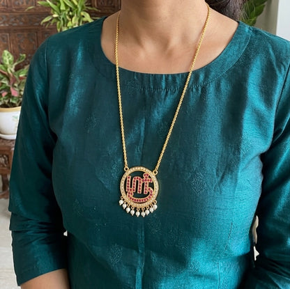 Gold tone 24 inches chain with AD pink tamil sree pendant dj-54694