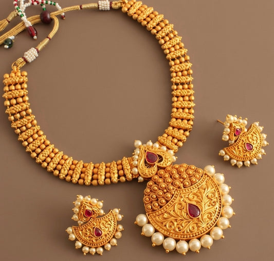 Matte Finish Ruby Pearl Necklace Set -dj09397