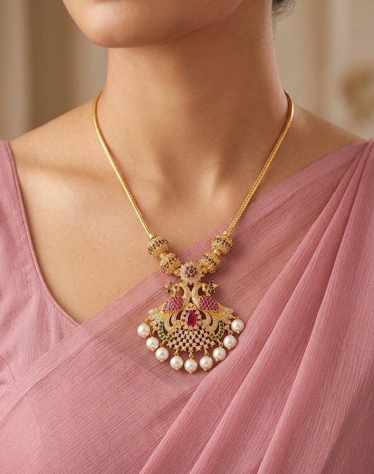 Gold tone ruby-emerald-white stone peacock pearl necklace dj-54241