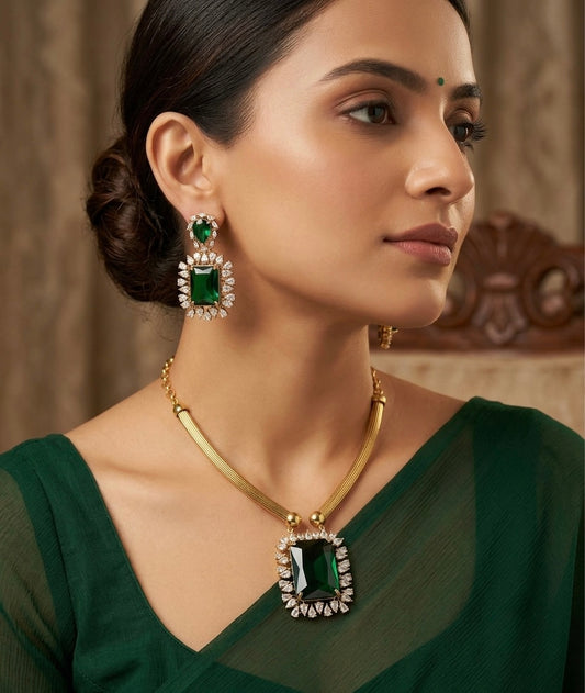Antique gold tone big green stone kante necklace set dj-54770