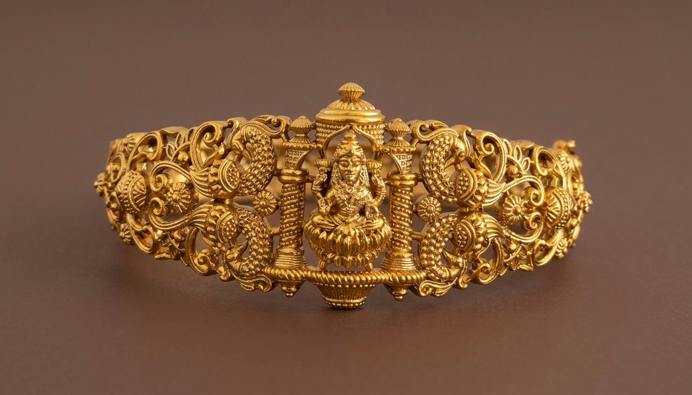 Antique gold tone lakshmi peacock lock type openable kada/bracelet dj-53462
