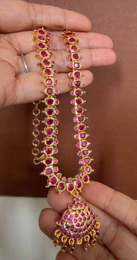 Gold tone AD Balaji/rani pink stone south indian necklace dj-53896