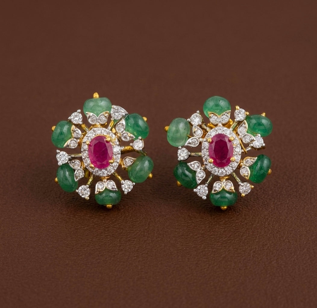 Two tone cz ruby stone green beaded stud/earrings dj-53561