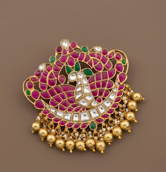 Gold tone pink-green-white kundan jadau peacock pendant dj-53845
