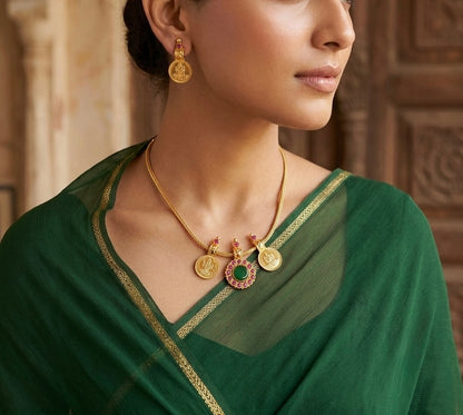 Gold tone pink-green stone lakshmi coin necklace set dj-54123