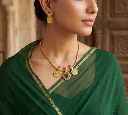 Gold tone pink-green stone lakshmi coin necklace set dj-54123