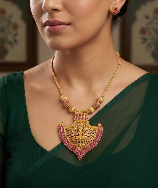 Gold tone ruby stone lakshmi kerala style kodi necklace dj-54145
