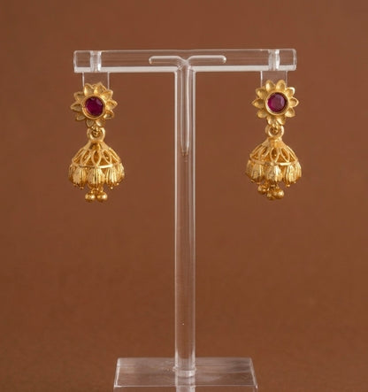 Gold tone pink stone flower small jhumkka dj-54648