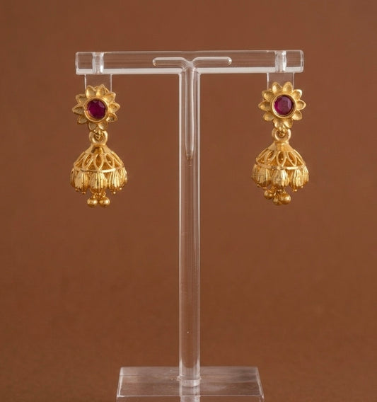 Gold tone pink stone flower small jhumkka dj-54648