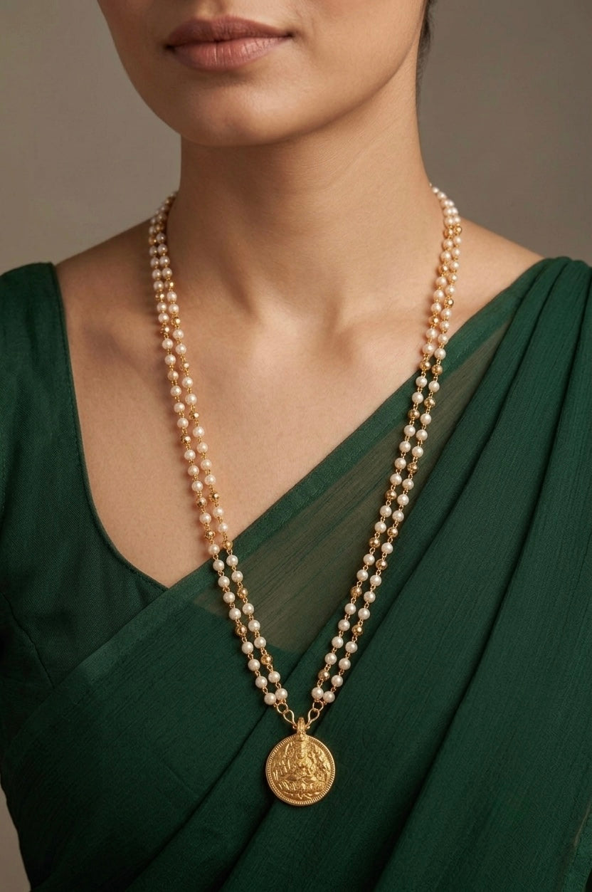Gold tone 30 inches pearl chain with lakshmi coin pendant dj-54272