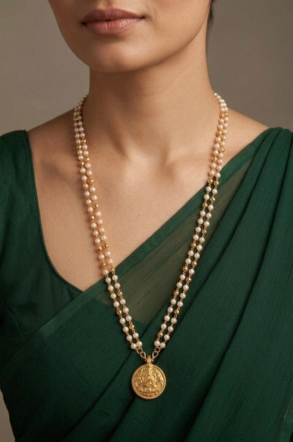 Gold tone 30 inches pearl chain with lakshmi coin pendant dj-54272