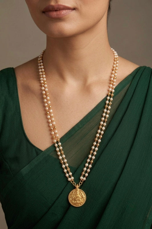 Gold tone 30 inches pearl chain with lakshmi coin pendant dj-54272