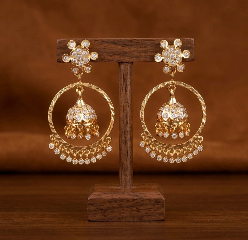 Gold tone south indian style AD white stone bali jhumkka dj-53867