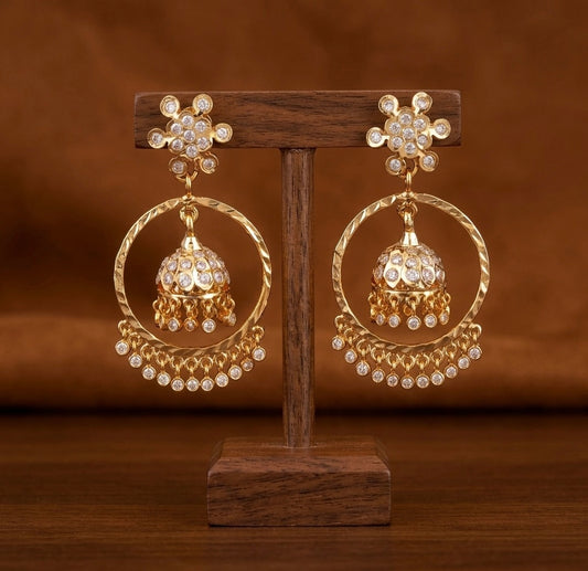 Gold tone south indian style AD white stone bali jhumkka dj-53867