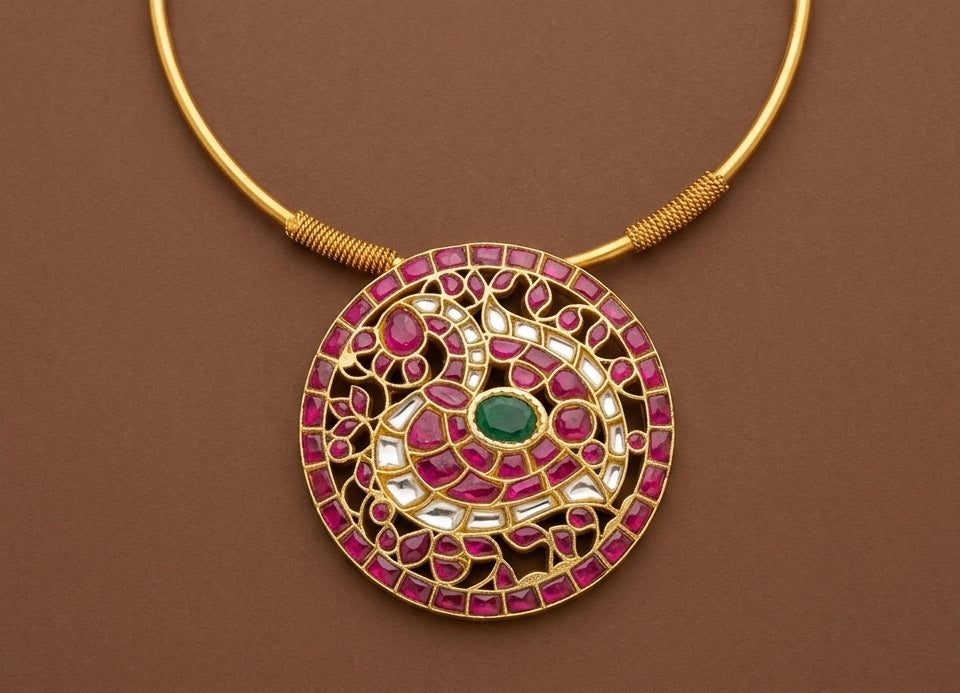 Matte finish pink-green-white kundan jadau round hasli peacock necklace dj-51533