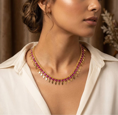Gold tone pink stone elakka thali choker necklace  dj-53105