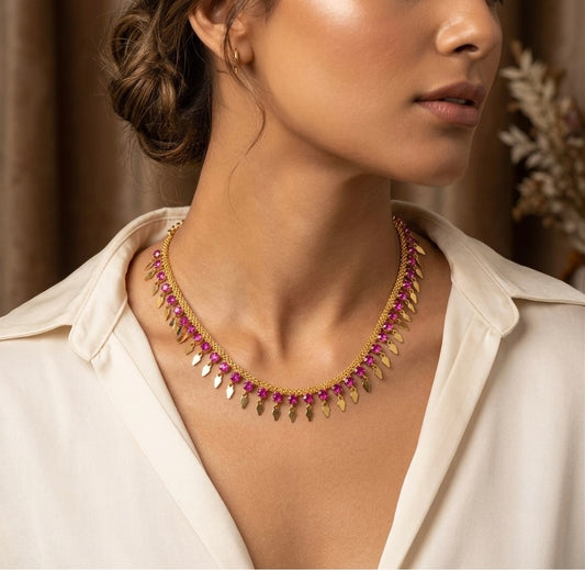 Gold tone pink stone elakka thali choker necklace  dj-53105