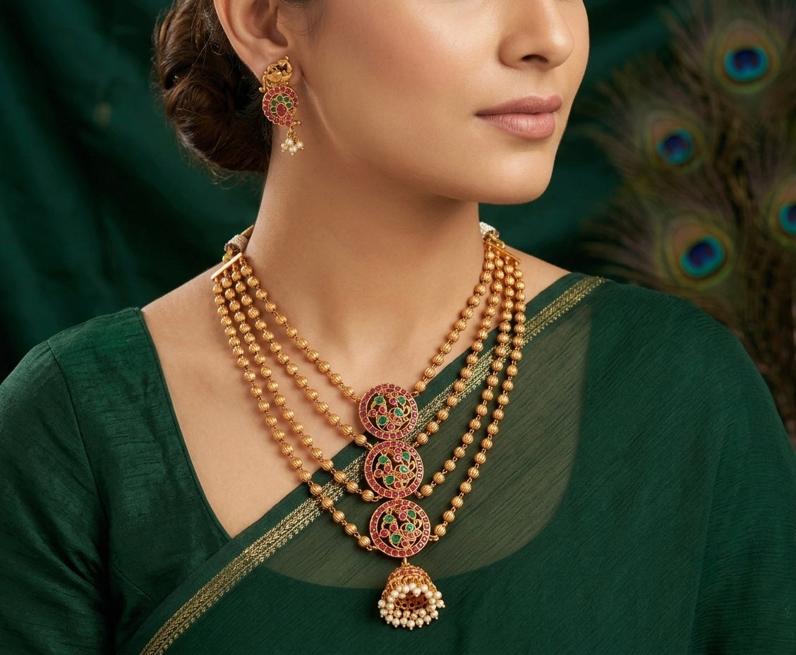 Matte Finish Ruby-emerald Multi Layer Swan Necklace Set dj-21864