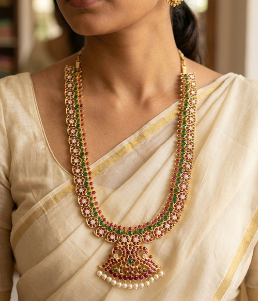 Gold tone precious kemp-green-white pearl mango peacock haar dj-50277
