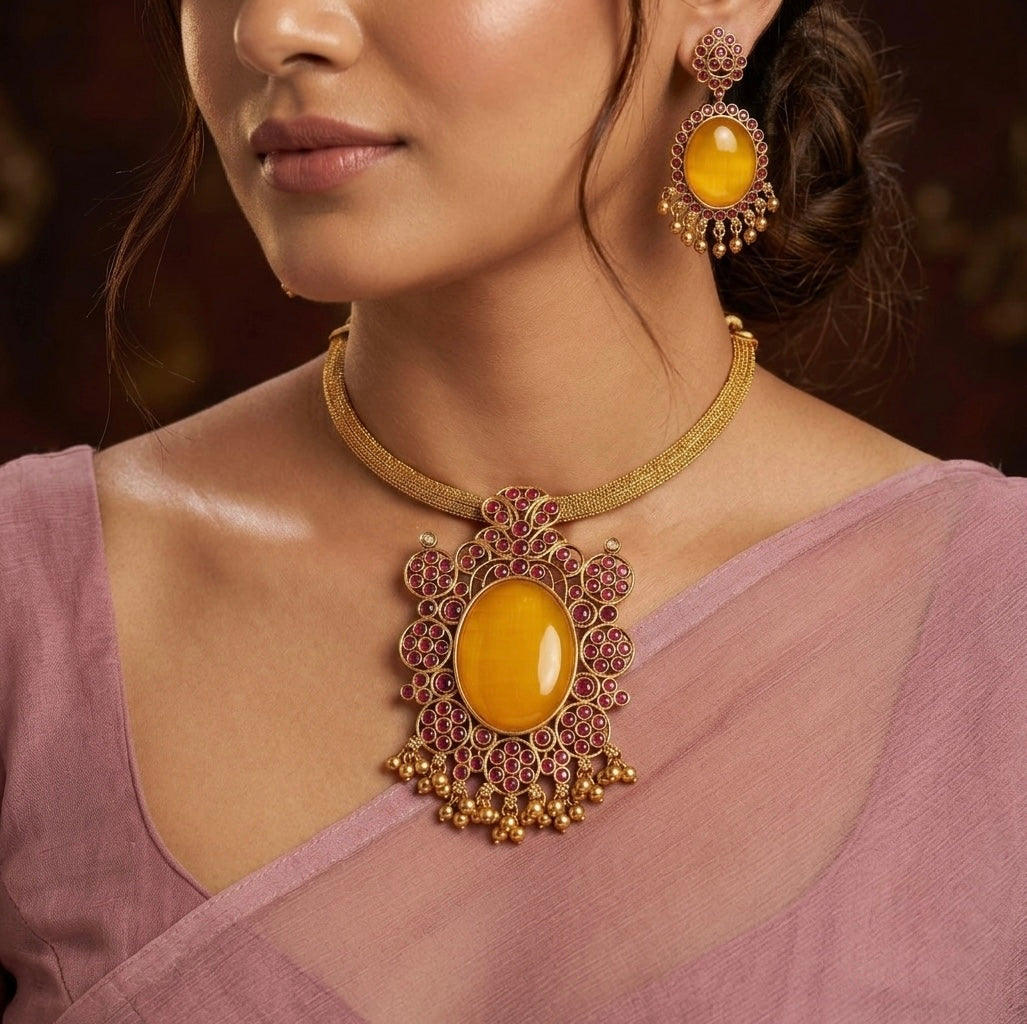 Matte finish big yellow oval stone pendant choker necklace set dj-53988