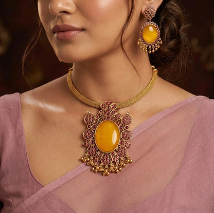 Matte finish big yellow oval stone pendant choker necklace set dj-53988