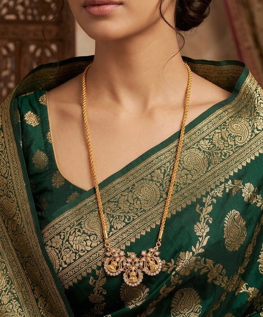 Gold tone ruby-white stone lakshmi pendant with chain dj-53252