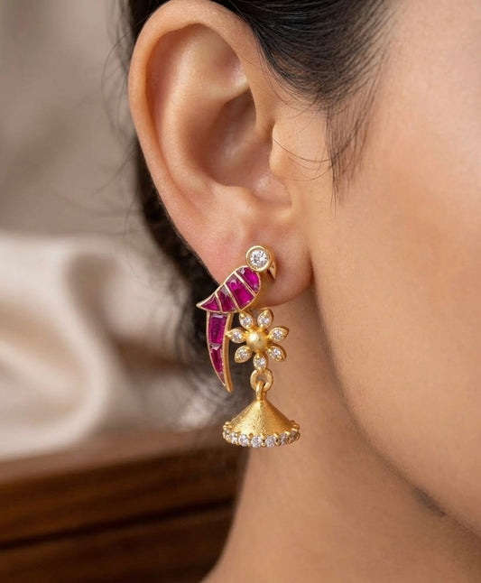 Gold tone pink-white stone kundan jadau bird jhumkka dj-54590