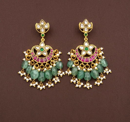Gold tone pink-green-white stone green beaded kundan jadau bali earrings dj-53560
