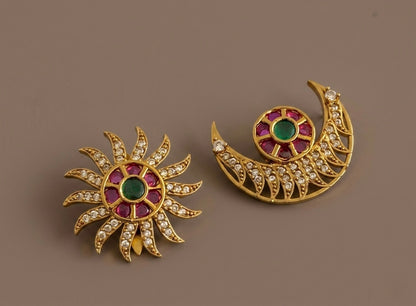 Antique gold tone small kemp-green-white flower sun moon hair jewel dj-53661