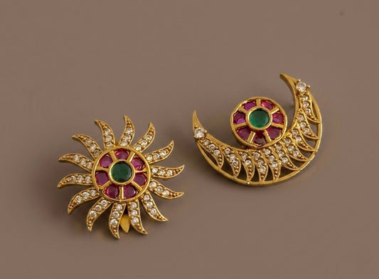 Antique gold tone small kemp-green-white flower sun moon hair jewel dj-53661