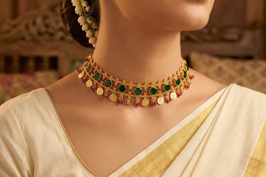 Gold tone kerala style pink-green round laksmi coin choker necklace dj-53088