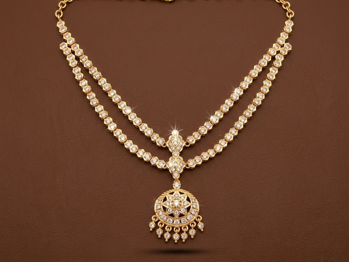 Gold tone AD white south indian style double layer necklace  dj-53336
