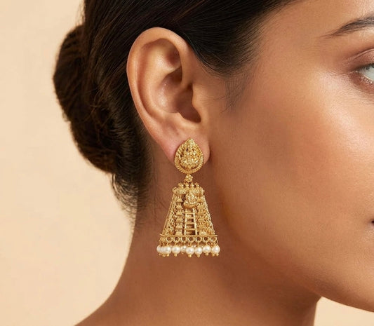 Gold tone lakshmi pearl gopuram jhumkka dj-54639