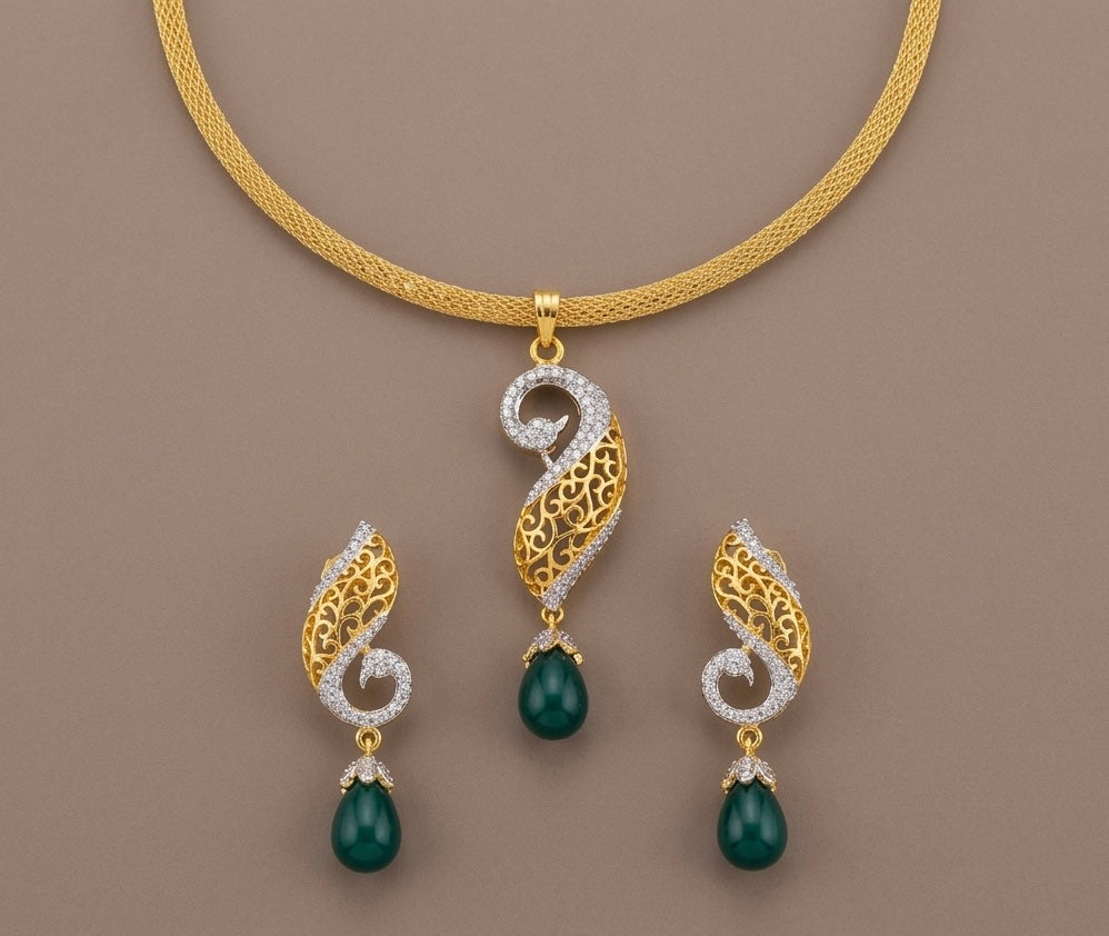 Gold Tone Cz-green Peacock Necklace Set -dj11842