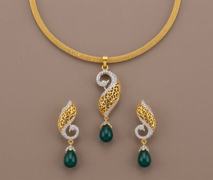 Gold Tone Cz-green Peacock Necklace Set -dj11842