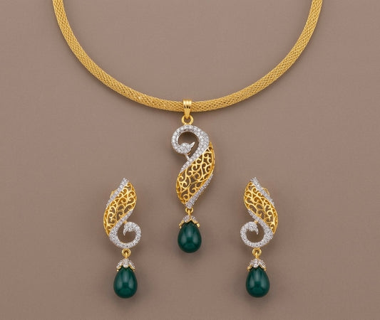 Gold Tone Cz-green Peacock Necklace Set -dj11842