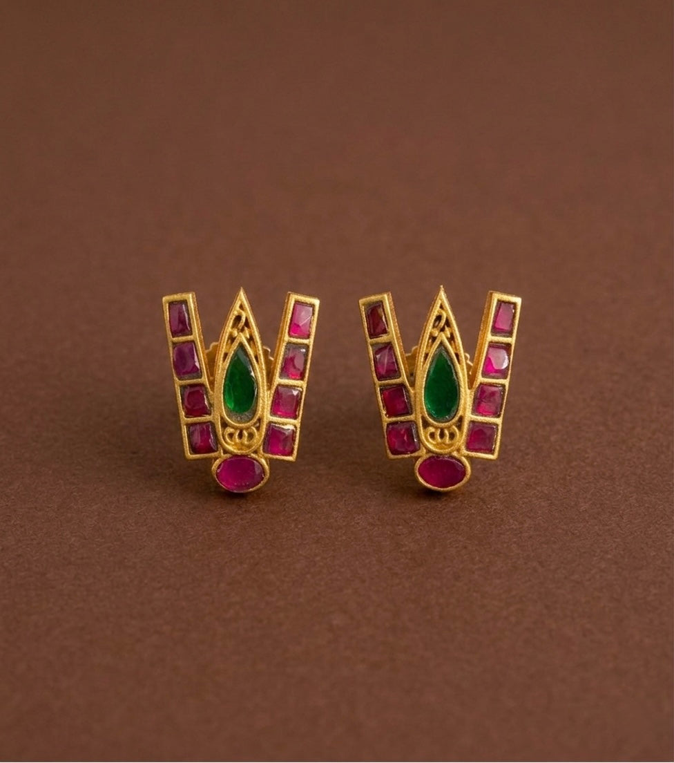 Gold tone pink-green kundan jadau shri thirumal nama earrings dj-53553