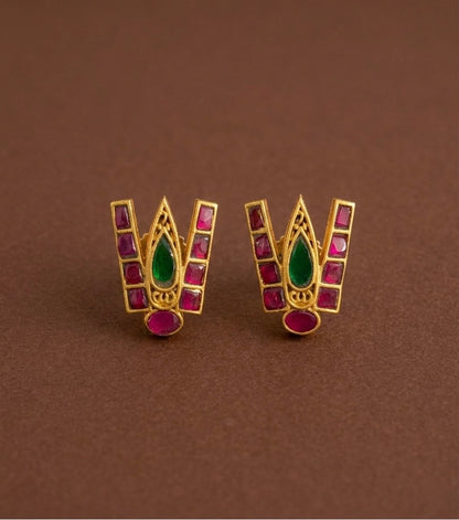 Gold tone pink-green kundan jadau shri thirumal nama earrings dj-53553
