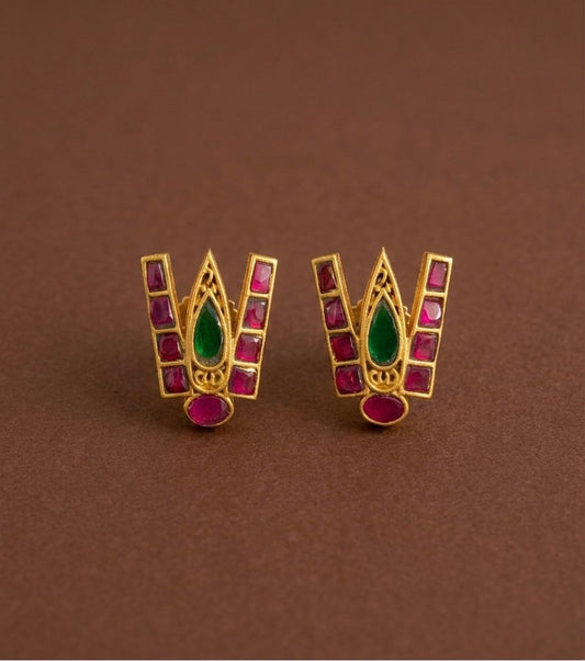 Gold tone pink-green kundan jadau shri thirumal nama earrings dj-53553