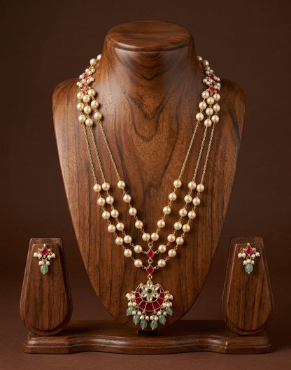 Gold tone kundan jadau flower moon pearl multi layer mid/length necklace set dj-54176