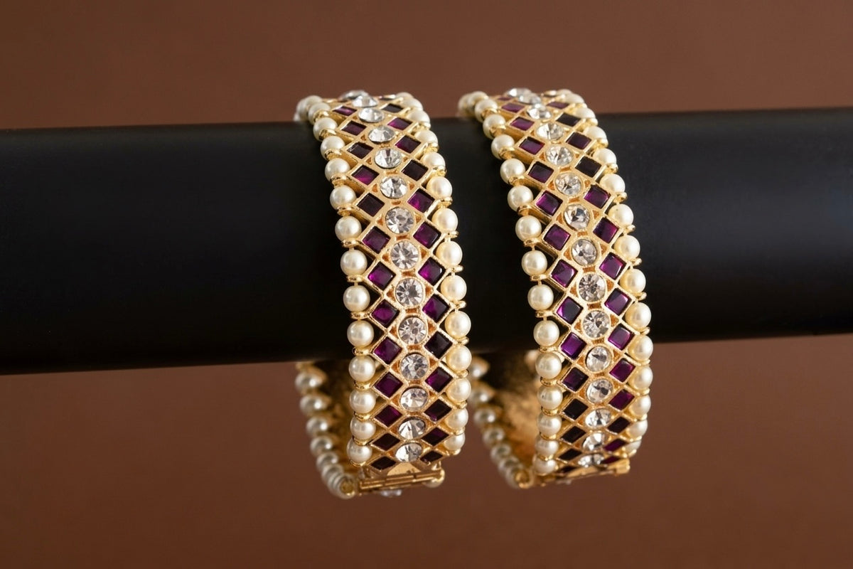 Gold tone precious kemp-white pearl screw bangles(2.2) dj-54777