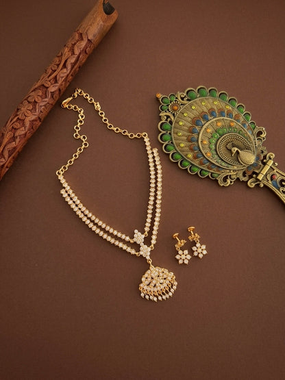 Gold tone AD white south indian style double layer necklace set dj-52210