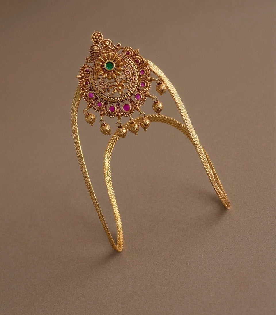 Antique gold tone kemp-green stone mango vanki/bajuband dj-54481