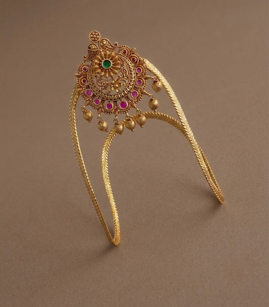 Antique gold tone kemp-green stone mango vanki/bajuband dj-54481
