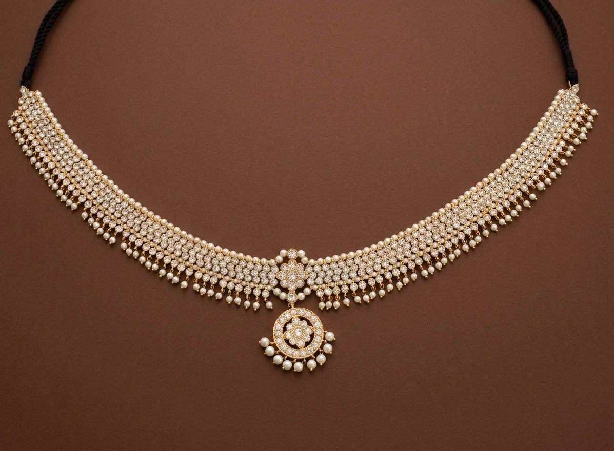 Gold tone AD white stone pearl waist band dj-53386
