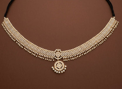 Gold tone AD white stone pearl waist band dj-53386