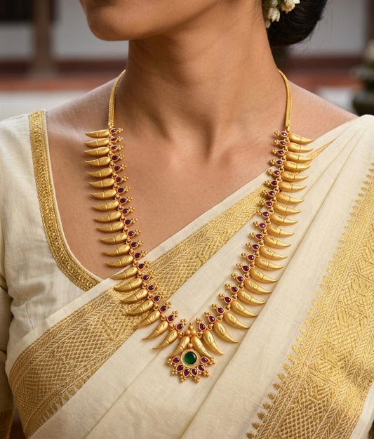 Gold tone kerala style ruby green mulla mottu necklace dj-53096