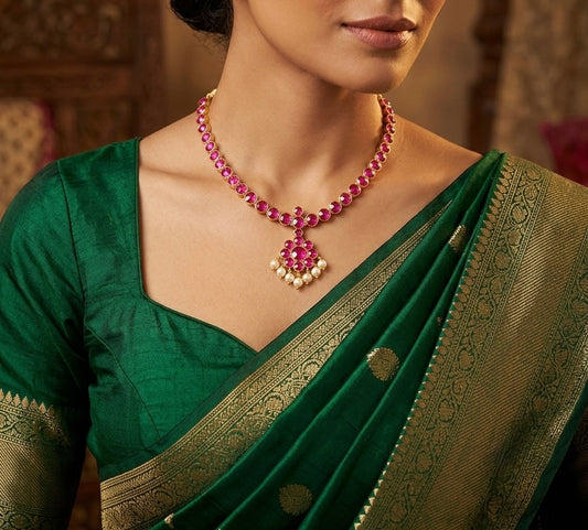 Gold tone AD balaji/rani pink stone pearl attigai necklace dj-54601