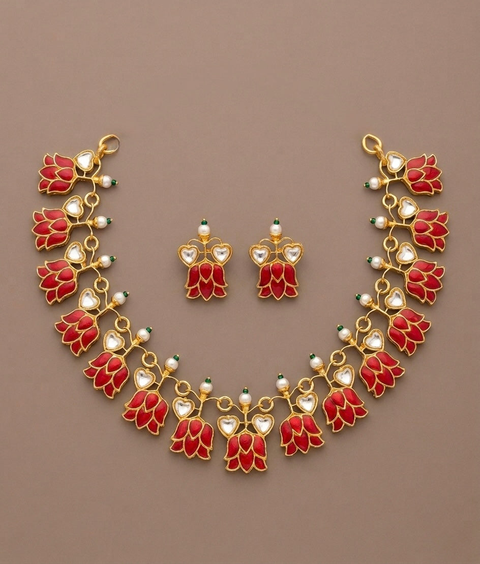 Gold tone coral-white kundan jadau lotus necklace set dj-51543