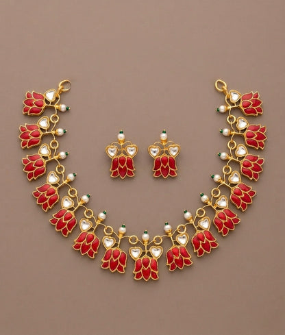 Gold tone coral-white kundan jadau lotus necklace set dj-51543